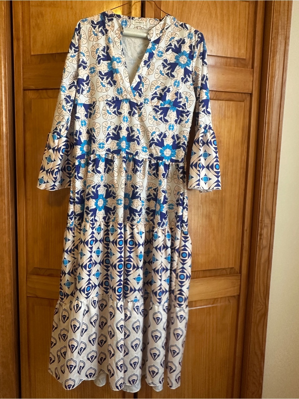 Sunday Up Bohemian Maxi- Cream and Blue Floral Geo Tiered - Small